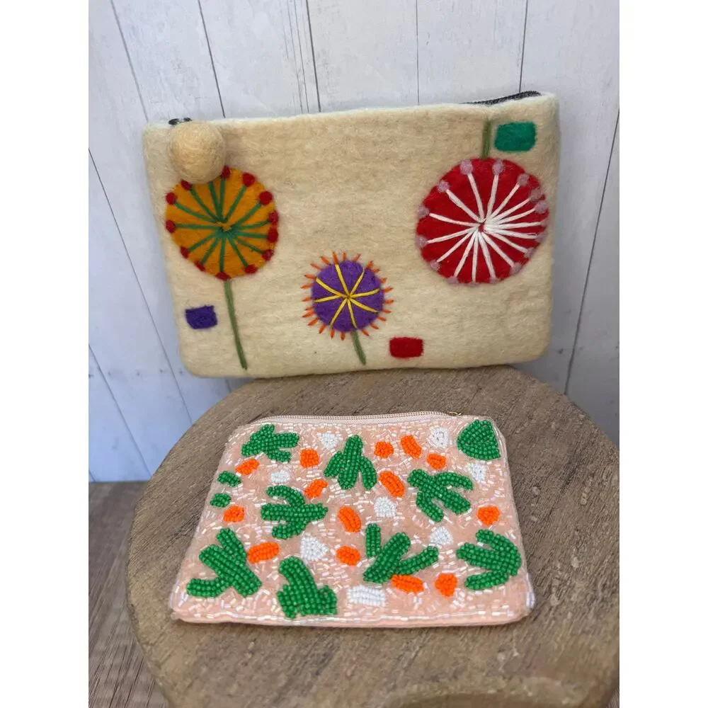 Set of 2 Coin Purses Cactus Coin Purse Felted Wool Boho Flower Bag NEW!